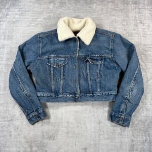 Levis Premium Jacket Womens Medium Blue Cropped Sherpa Lined Denim Trucker